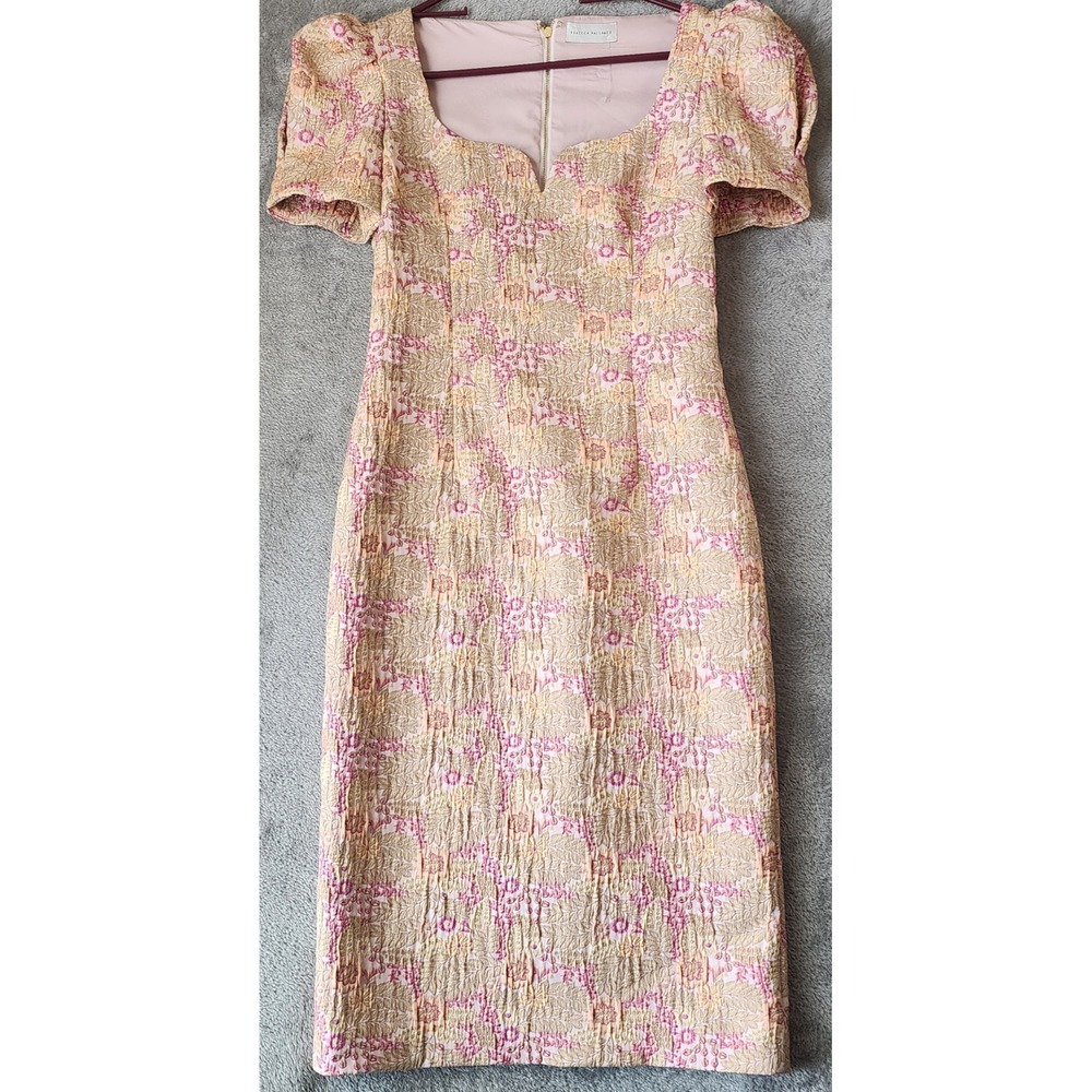 Rebecca Vallance Dress Womens Size 6 Pink Gold Floral Jacquard Puff Sleeve Midi